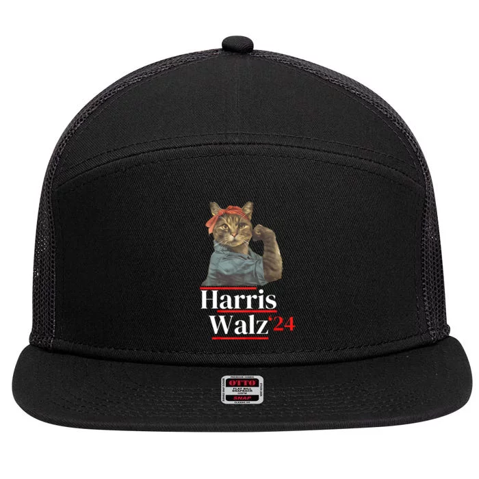 Cat Ladies For Kamala Walz Funny Cat 2024 President 7 Panel Mesh Trucker Snapback Hat