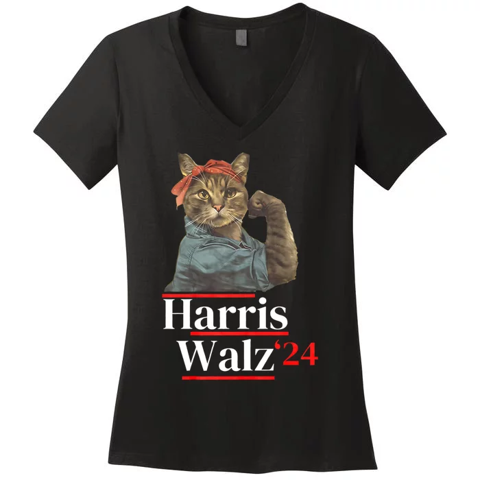 Cat Ladies For Kamala Walz Funny Cat 2024 President Women's V-Neck T-Shirt