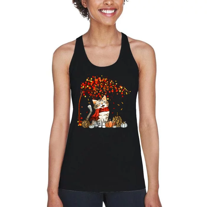 Cat Leaf Fall Hello Autumn Cat Kitten Lover Thanksgiving Women's Racerback Tank