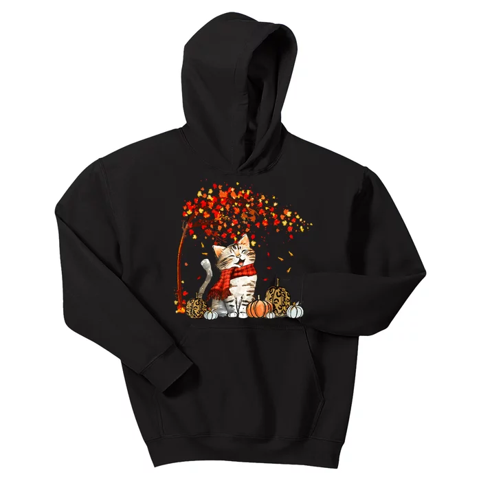 Cat Leaf Fall Hello Autumn Cat Kitten Lover Thanksgiving Kids Hoodie