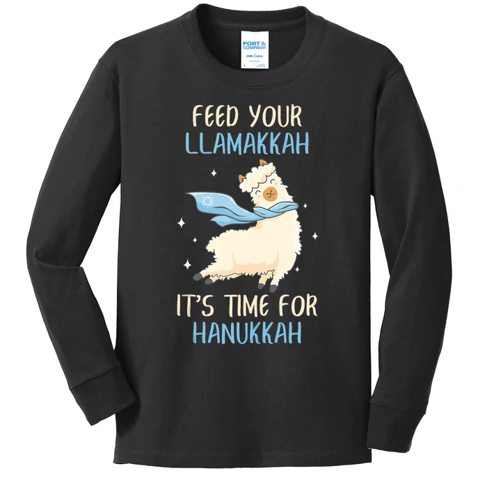 Chanukah Llama Feed Your Llamakkah It's Time For Hanukkah Kids Long Sleeve Shirt