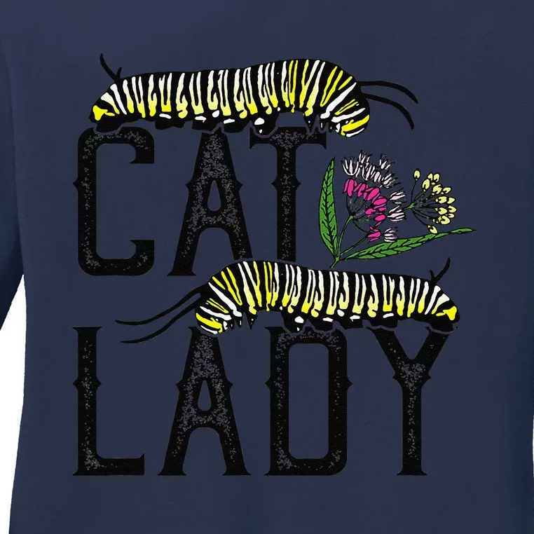 Cat Lady Funny Monarch Butterfly Caterpillar Ladies Long Sleeve Shirt