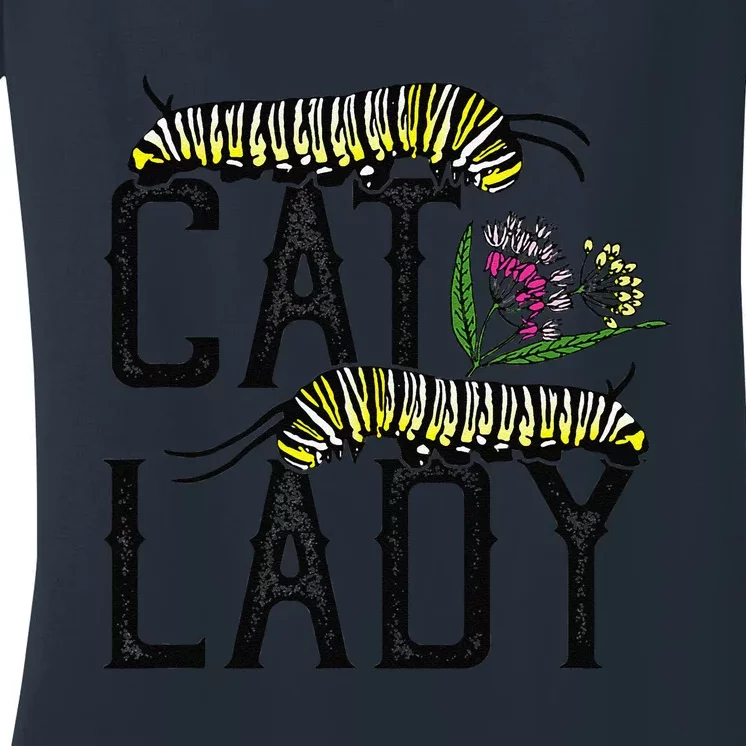 Cat Lady Funny Monarch Butterfly Caterpillar Women's V-Neck T-Shirt