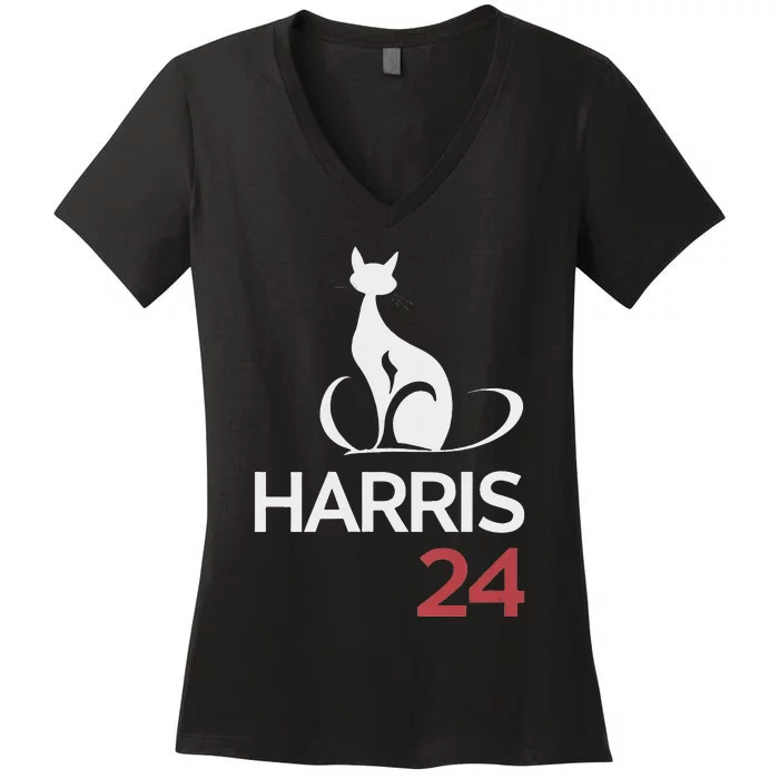 Cat Ladies For Kamala Funny Cat 2024 President Kamala Harris Women's V-Neck T-Shirt