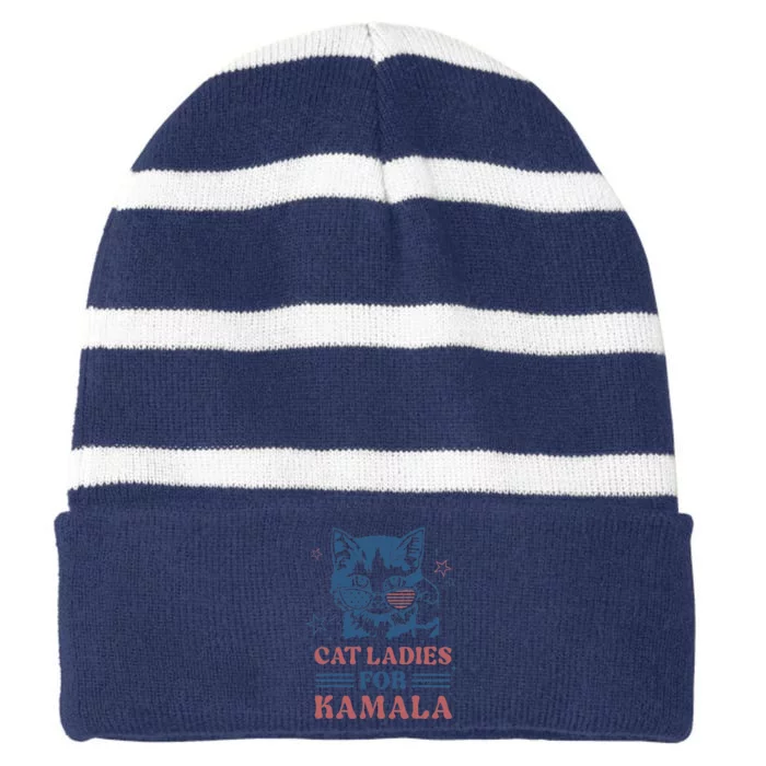 Cat Ladies For Kamala Funny Cat President Kamala Harris 2024 Striped Beanie with Solid Band