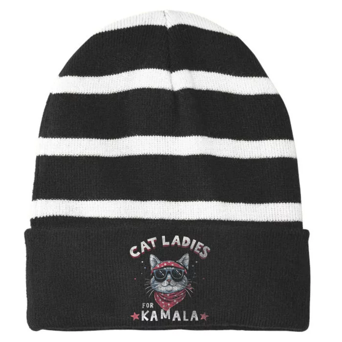 Cat Ladies For Kamala Harris 2024 Cute Patriotic Democrats Striped Beanie with Solid Band