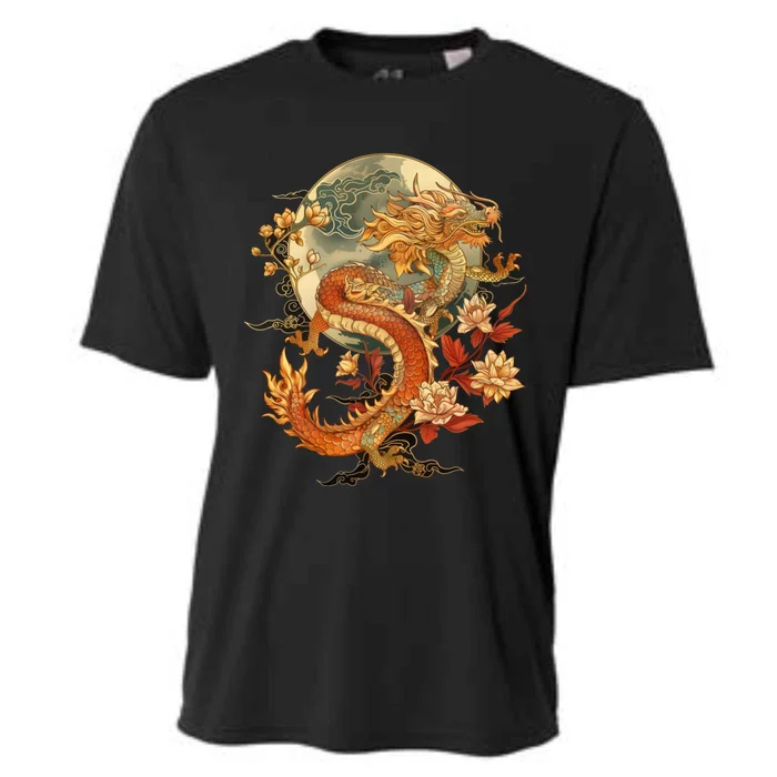 Crimson Lunar Floral Dragon Art Noveau Cooling Performance Crew T-Shirt