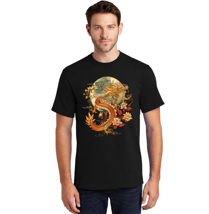 Crimson Lunar Floral Dragon Art Noveau Tall T-Shirt