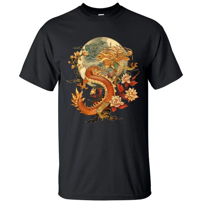 Crimson Lunar Floral Dragon Art Noveau Tall T-Shirt