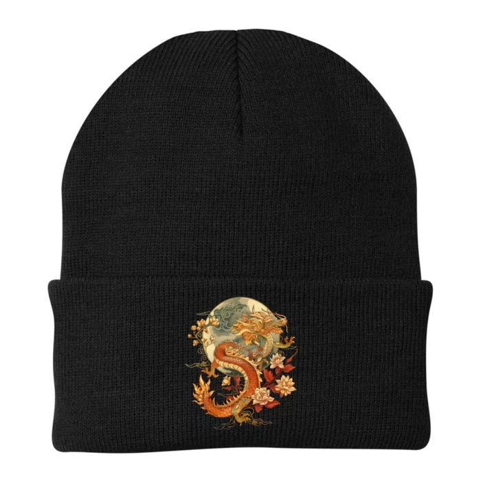 Crimson Lunar Floral Dragon Art Noveau Knit Cap Winter Beanie