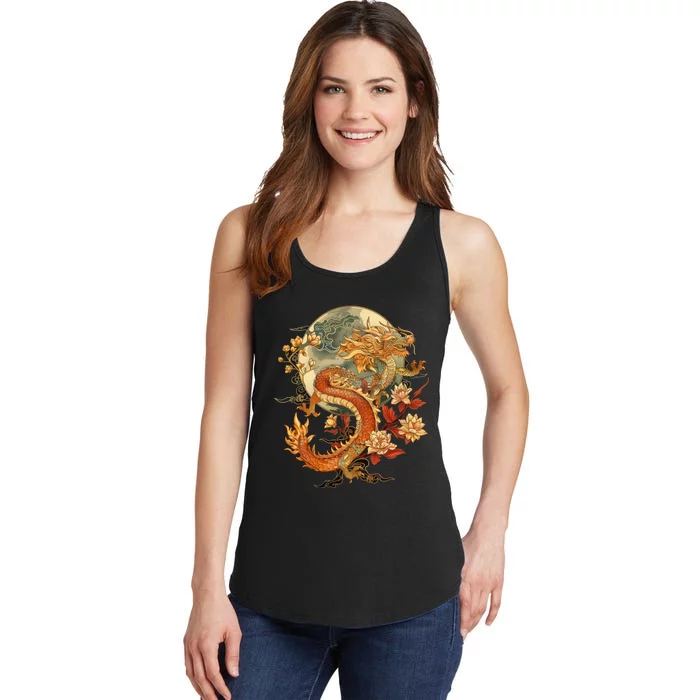 Crimson Lunar Floral Dragon Art Noveau Ladies Essential Tank