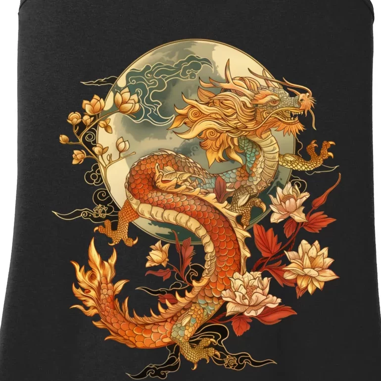 Crimson Lunar Floral Dragon Art Noveau Ladies Essential Tank