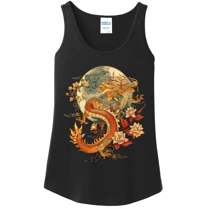 Crimson Lunar Floral Dragon Art Noveau Ladies Essential Tank