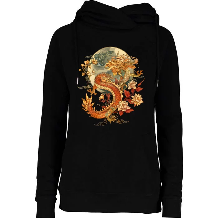 Crimson Lunar Floral Dragon Art Noveau Womens Funnel Neck Pullover Hood