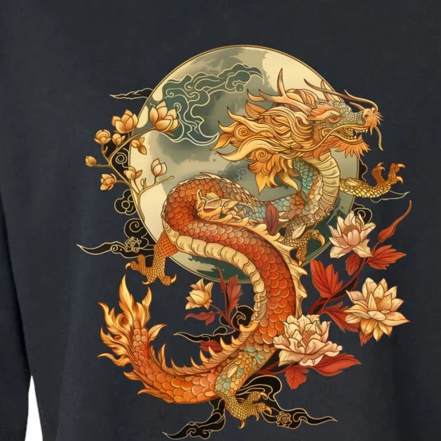 Crimson Lunar Floral Dragon Art Noveau Cropped Pullover Crew