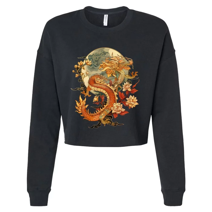 Crimson Lunar Floral Dragon Art Noveau Cropped Pullover Crew