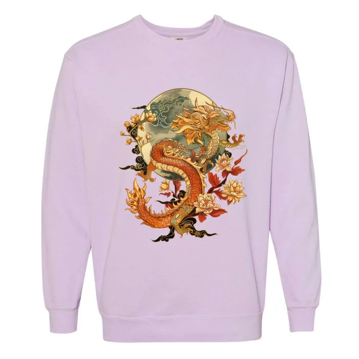 Crimson Lunar Floral Dragon Art Noveau Garment-Dyed Sweatshirt