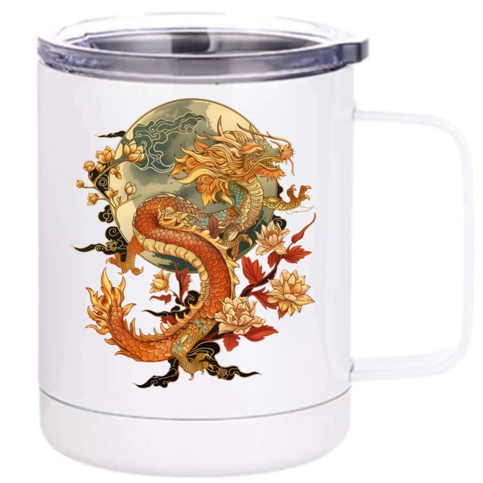 Crimson Lunar Floral Dragon Art Noveau Front & Back 12oz Stainless Steel Tumbler Cup