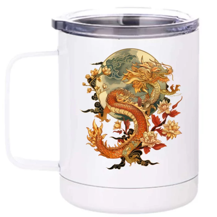 Crimson Lunar Floral Dragon Art Noveau Front & Back 12oz Stainless Steel Tumbler Cup