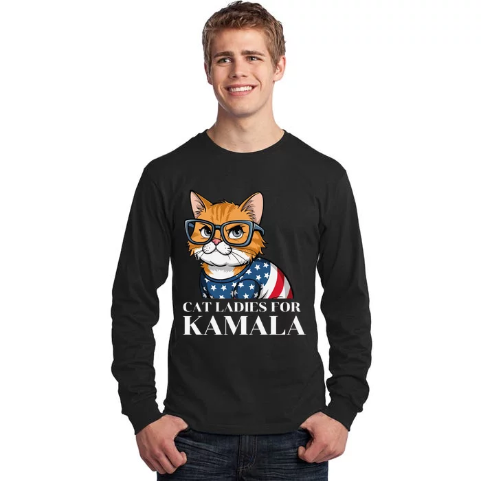 Cat Ladies For Kamala Funny Cat 2024 President Kamala Harris Tall Long Sleeve T-Shirt