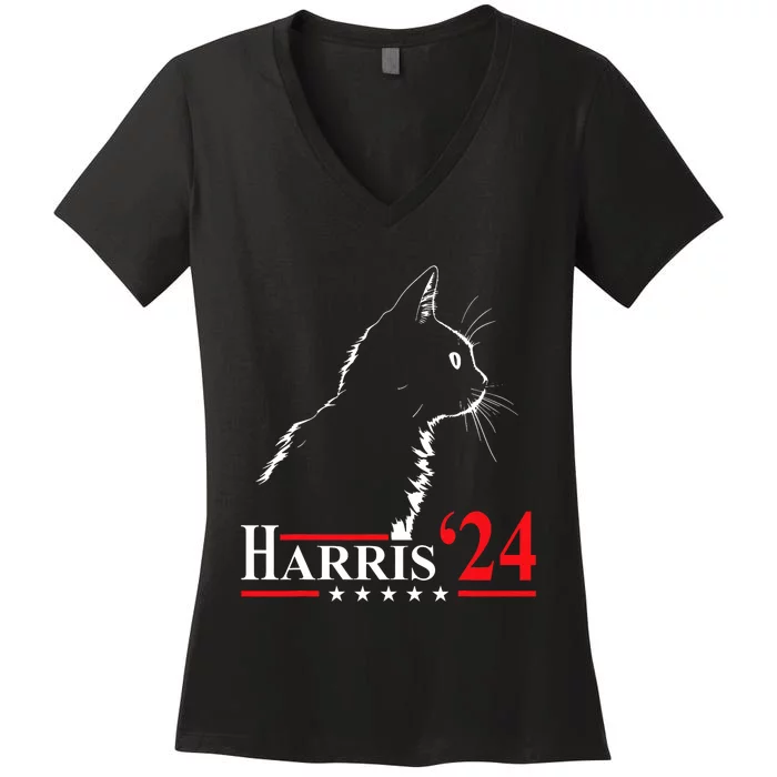 Cat Ladies For Kamala Funny Cat 2024 President Kamala Harris Women's V-Neck T-Shirt