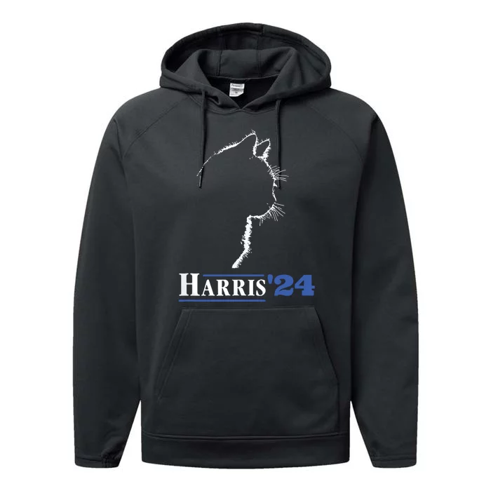 Cat Ladies For Kamala Funny Cat 2024 President Kamalaharris Performance Fleece Hoodie