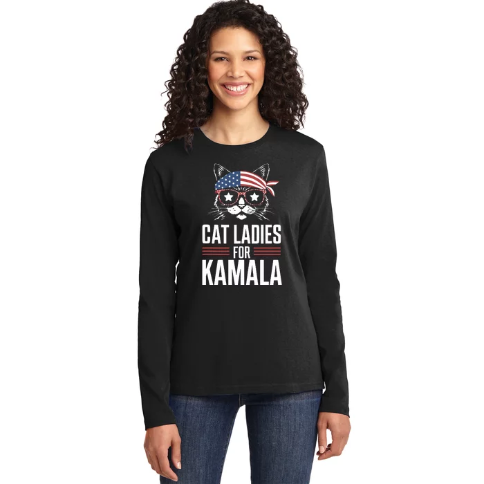 Cat Ladies For Kamala Funny Cat 2024 President Kamalaharris Ladies Long Sleeve Shirt