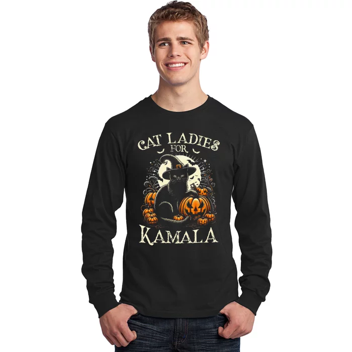 Cat Ladies For Kamala Harris 2024 Halloween Witch Cat Long Sleeve Shirt