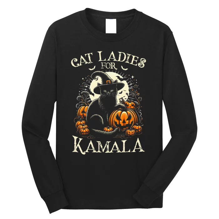 Cat Ladies For Kamala Harris 2024 Halloween Witch Cat Long Sleeve Shirt