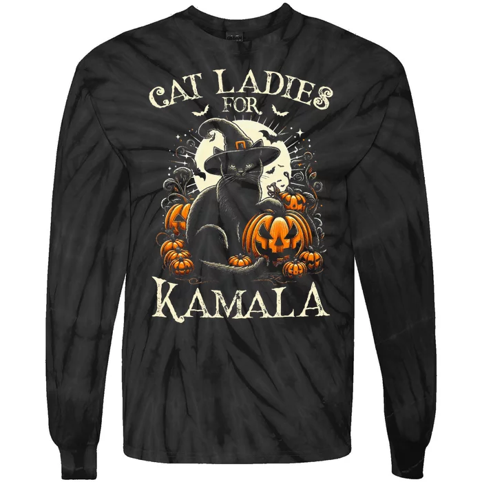 Cat Ladies For Kamala Harris 2024 Halloween Witch Cat Tie-Dye Long Sleeve Shirt