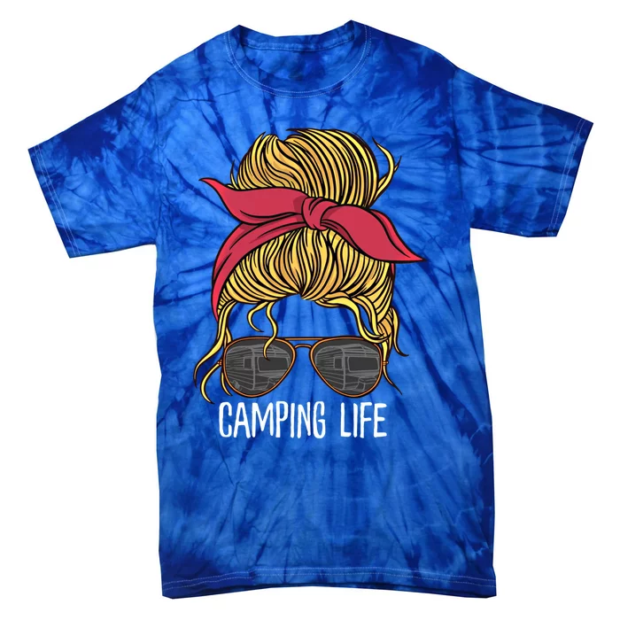 Camping Life Gift Mom Camper Gift Messy Bun Hair Outdoors Rv Funny Gift Tie-Dye T-Shirt