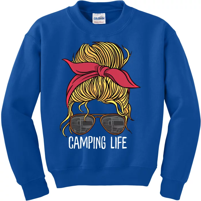 Camping Life Gift Mom Camper Gift Messy Bun Hair Outdoors Rv Funny Gift Kids Sweatshirt