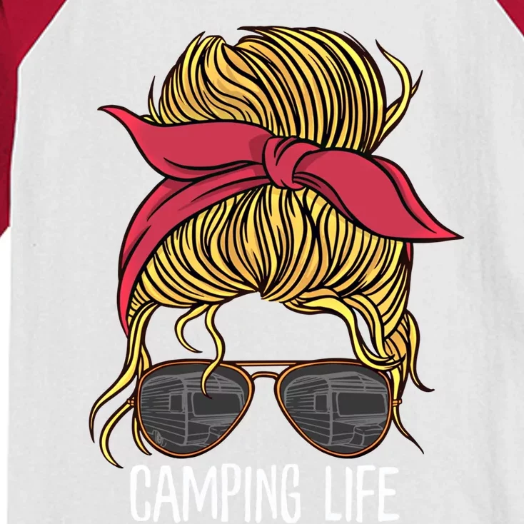 Camping Life Gift Mom Camper Gift Messy Bun Hair Outdoors Rv Funny Gift Kids Colorblock Raglan Jersey