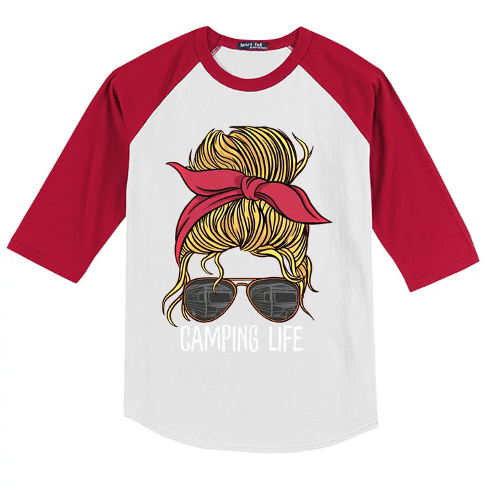 Camping Life Gift Mom Camper Gift Messy Bun Hair Outdoors Rv Funny Gift Kids Colorblock Raglan Jersey