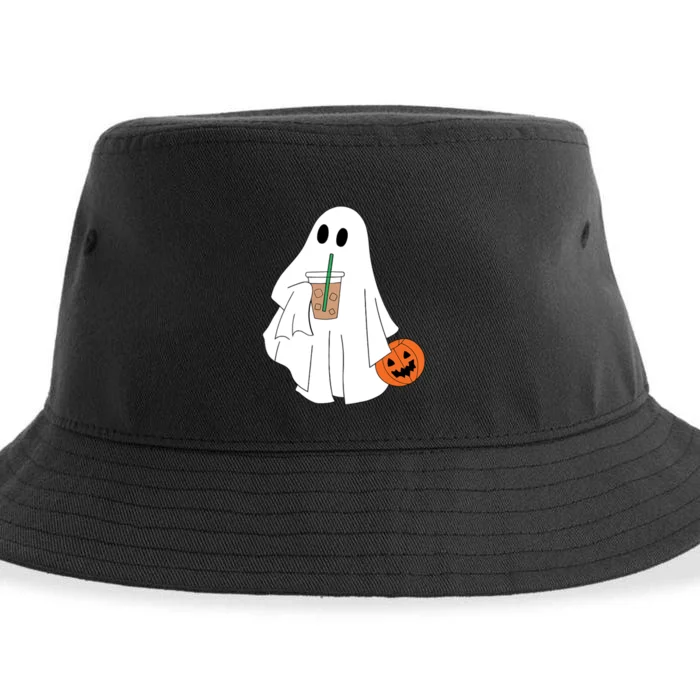 Cute Little Ghost Drinking Coffee Halloween Spooky Season Sustainable Bucket Hat