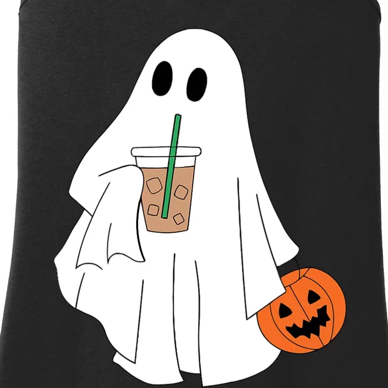 Cute Little Ghost Drinking Coffee Halloween Spooky Season Ladies Essential Tank