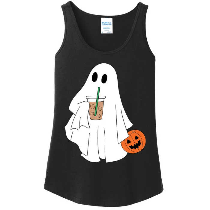 Cute Little Ghost Drinking Coffee Halloween Spooky Season Ladies Essential Tank