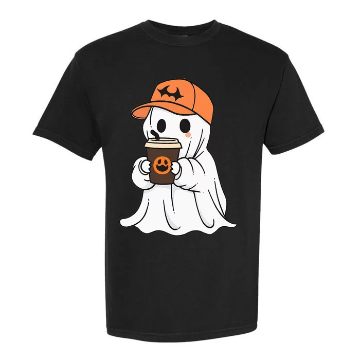 Cute Little Ghost Drinking Coffee Halloween Spooky Season Garment-Dyed Heavyweight T-Shirt