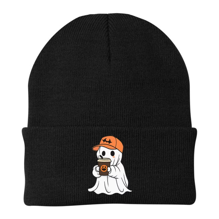 Cute Little Ghost Drinking Coffee Halloween Spooky Season Knit Cap Winter Beanie