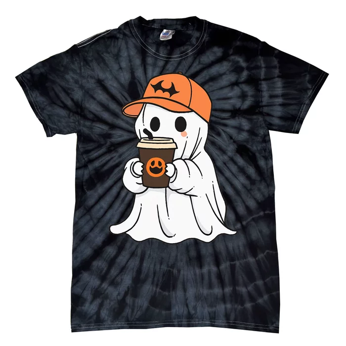 Cute Little Ghost Drinking Coffee Halloween Spooky Season Tie-Dye T-Shirt