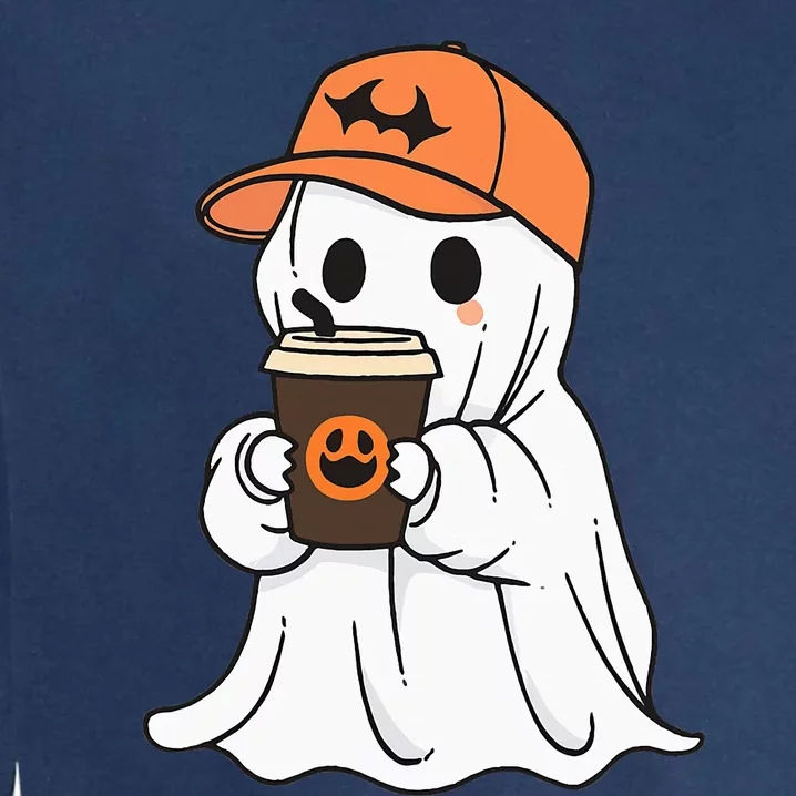 Cute Little Ghost Drinking Coffee Halloween Spooky Season Garment-Dyed Sweatshirt