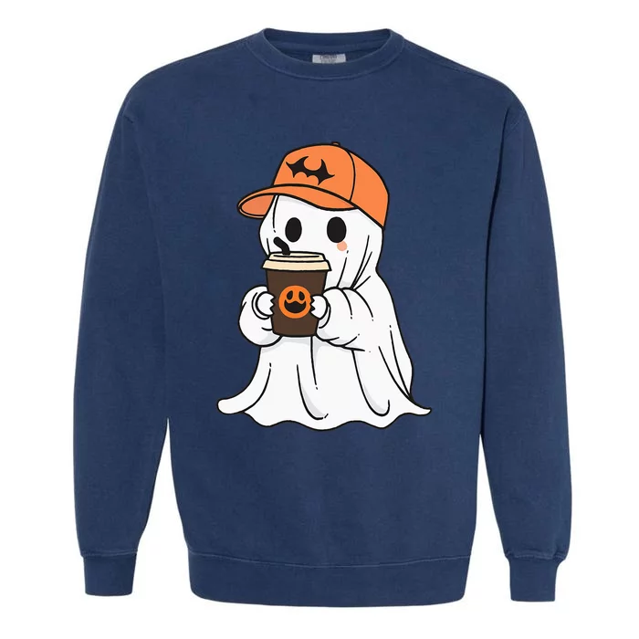 Cute Little Ghost Drinking Coffee Halloween Spooky Season Garment-Dyed Sweatshirt