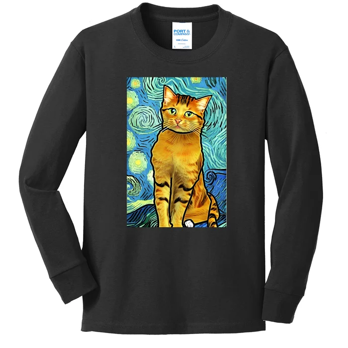 Cat Lover Gift Van Gogh Style Art Kids Long Sleeve Shirt