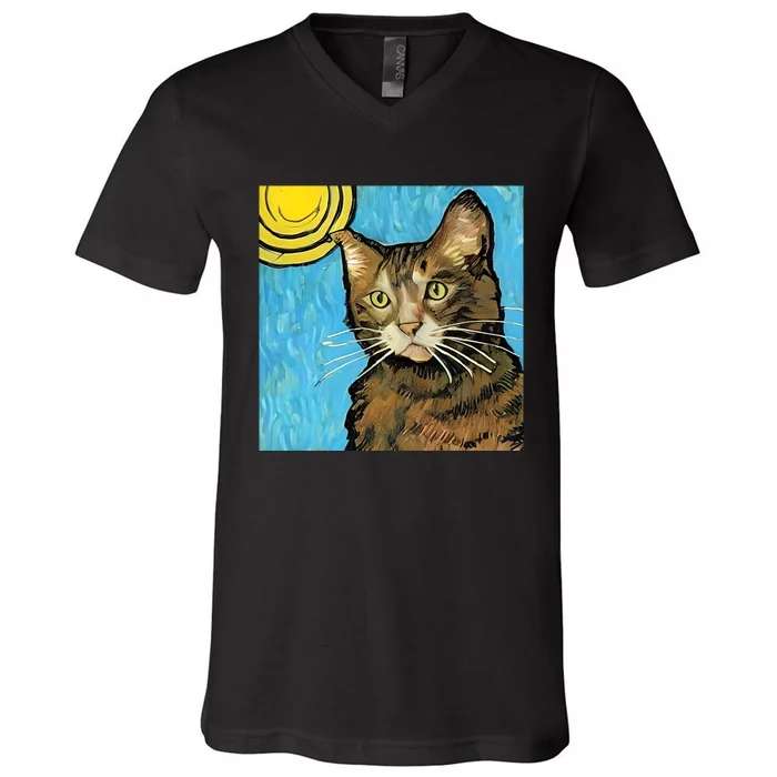 Cat Lover Gift Van Gogh Style Art V-Neck T-Shirt