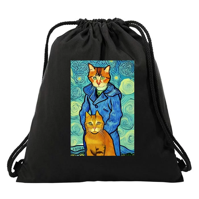 Cat Lover Gift Van Gogh Style Art Drawstring Bag