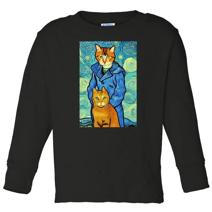 Cat Lover Gift Van Gogh Style Art Toddler Long Sleeve Shirt