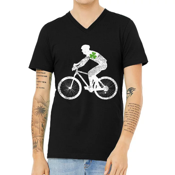 Cycling Lovers Green Shamrock Leaf St Patricks Day V-Neck T-Shirt