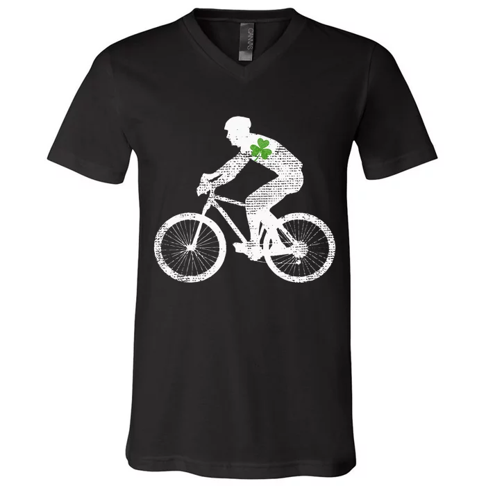 Cycling Lovers Green Shamrock Leaf St Patricks Day V-Neck T-Shirt