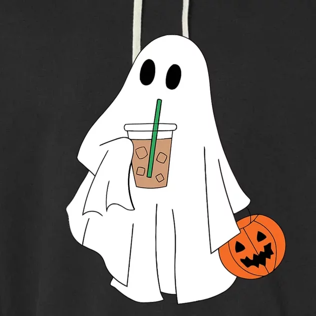 Cute Little Ghost Drinking Coffee Halloween Spooky Season Garment-Dyed Fleece Hoodie