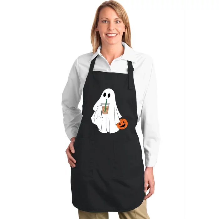 Cute Little Ghost Drinking Coffee Halloween Spooky Season Full-Length Apron With Pocket